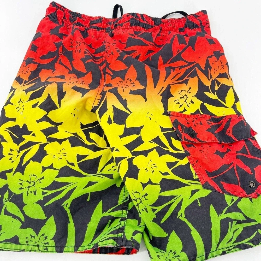 Hang 10 Hawaiian Floral‎ Gradient Mens Board Shorts Medium Surf Colorful Rainbow